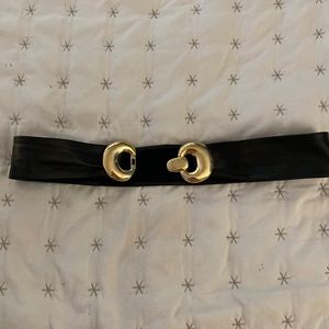 Vintage black leather belt with gold colored buckle, Size S/M